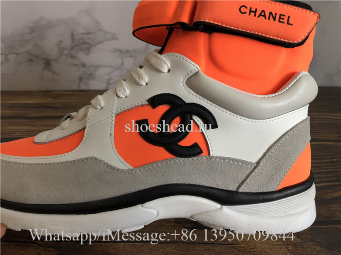 Chanel White Orange CC Logo High Top Sneaker