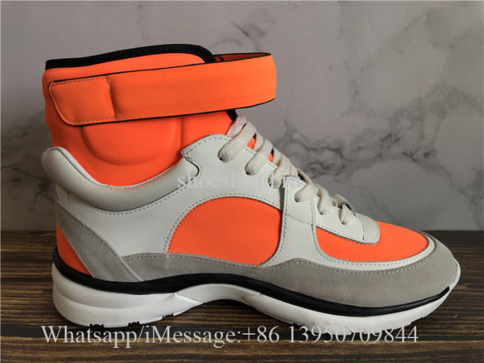 Chanel White Orange CC Logo High Top Sneaker
