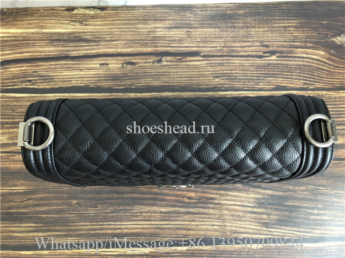 Original Chanel Boy Bag Quilted Caviar Silver-tone Old Large Black