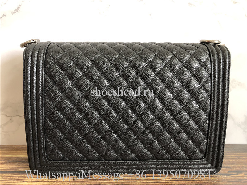 Original Chanel Boy Bag Quilted Caviar Silver-tone Old Large Black