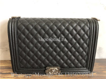 Original Chanel Boy Bag Quilted Caviar Silver-tone Old Large Black