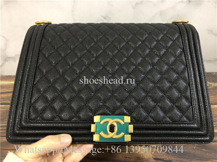 Original Chanel Boy Bag Quilted Caviar Golden-tone Old Large Black