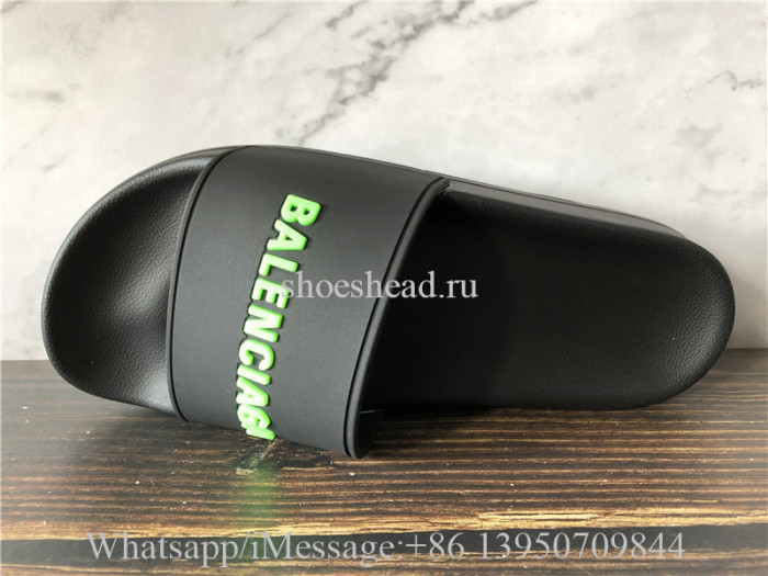 Balenciaga Black Slide With Green  Logo