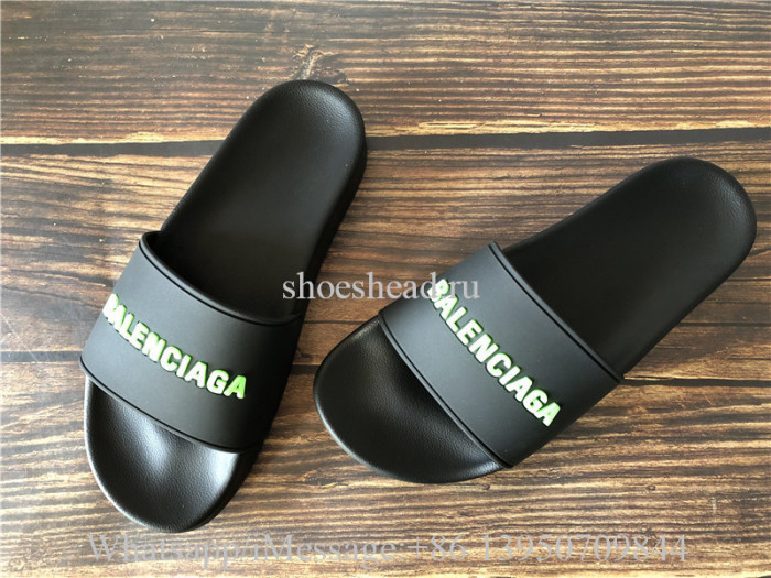 Balenciaga Black Slide With Green  Logo