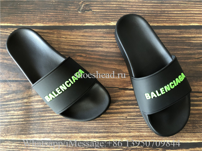 Balenciaga Black Slide With Green  Logo