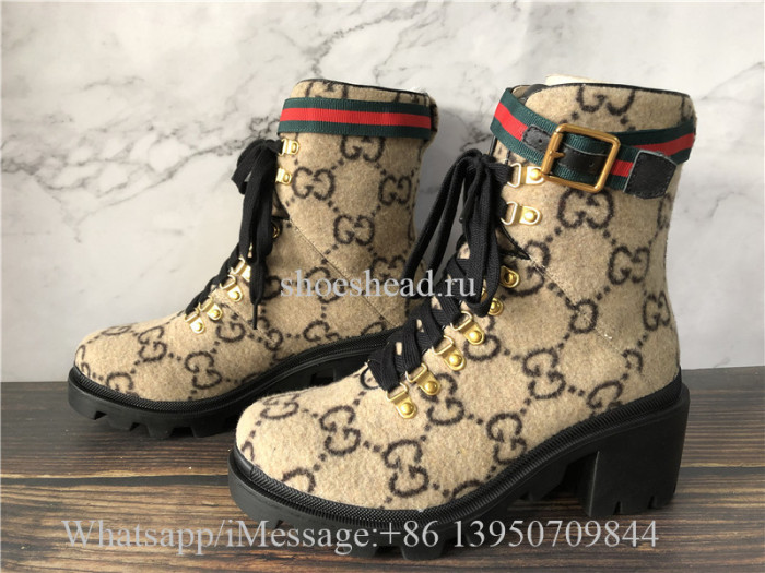 Gucci Lace-up Boots GG Supreme Wool With Web Buckle