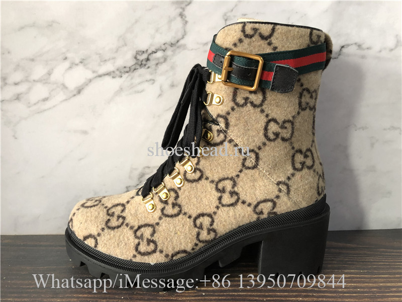 Gucci Lace-up Boots GG Supreme Wool With Web Buckle