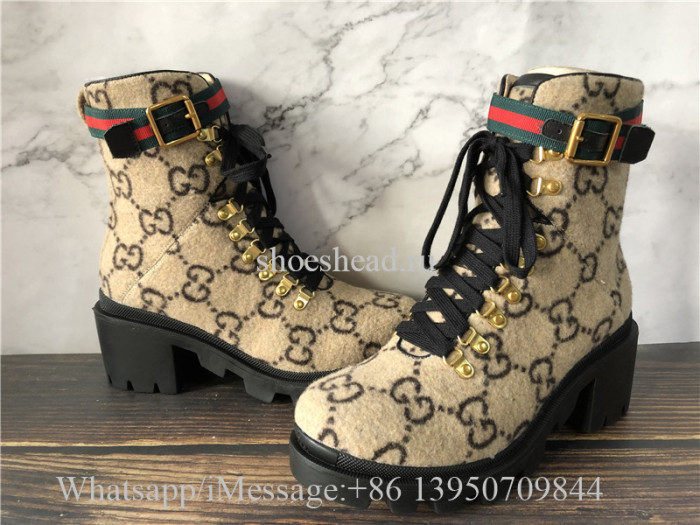 Gucci Lace-up Boots GG Supreme Wool With Web Buckle