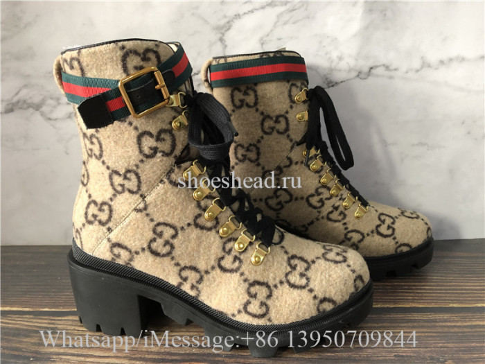 Gucci Lace-up Boots GG Supreme Wool With Web Buckle