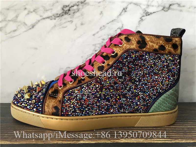Christian Louboutin Spike Flat Hig Top Sneaker Purple Golden Rose Pink