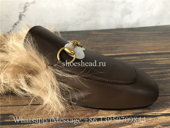 Gucci Princetown Fur Lined Brown Slipper Loafer Slides