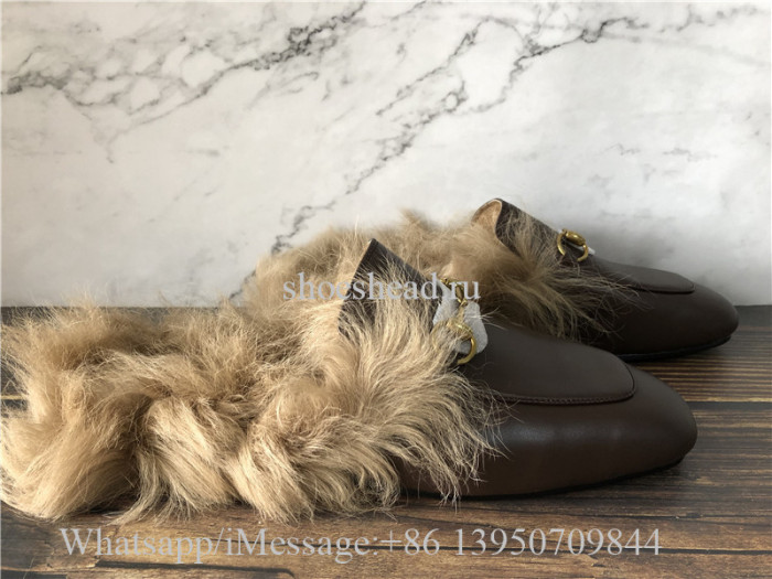 Gucci Princetown Fur Lined Brown Slipper Loafer Slides