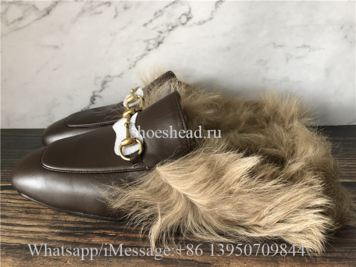 Gucci Princetown Fur Lined Brown Slipper Loafer Slides