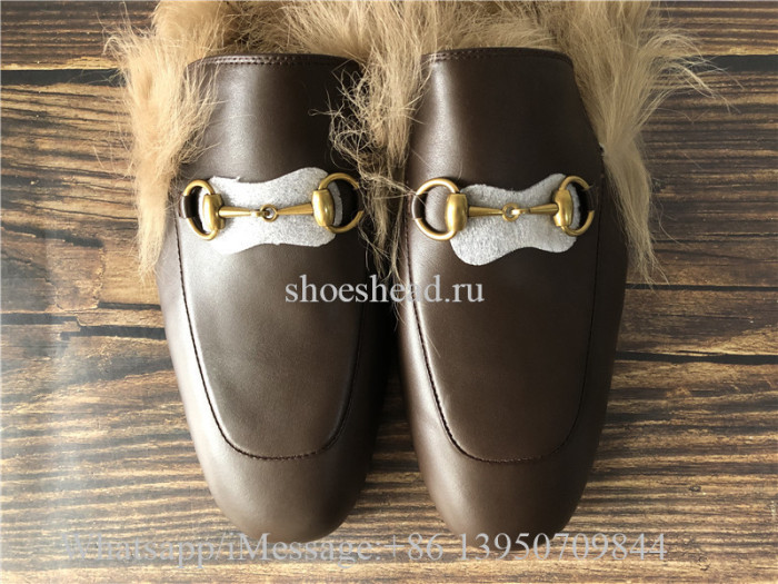 Gucci Princetown Fur Lined Brown Slipper Loafer Slides