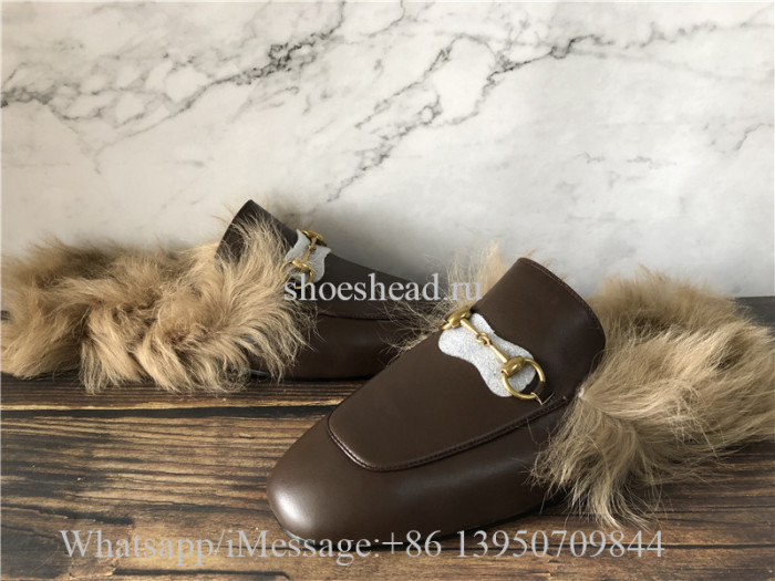 Gucci Princetown Fur Lined Brown Slipper Loafer Slides