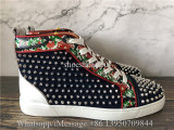 Christian Louboutin Spike Flat High Top Sneaker Blue Suede Red