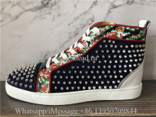 Christian Louboutin Spike Flat High Top Sneaker Blue Suede Red