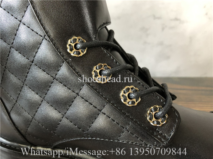Chanel Black 20a Quilted Gold Cc Chain Combat Lace Up Tie Ankle Boots