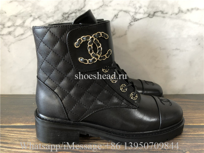 Chanel Black 20a Quilted Gold Cc Chain Combat Lace Up Tie Ankle Boots