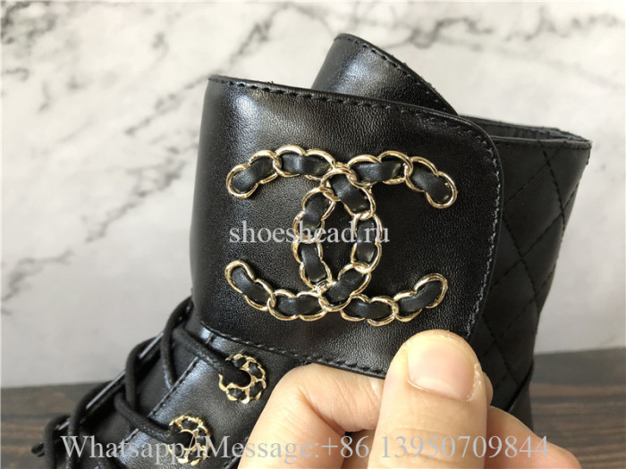 Chanel Black 20a Quilted Gold Cc Chain Combat Lace Up Tie Ankle Boots