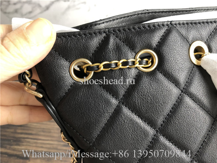 Original Chanel Grained Calfskin Quilted Golden Chain Bucket Bag Black