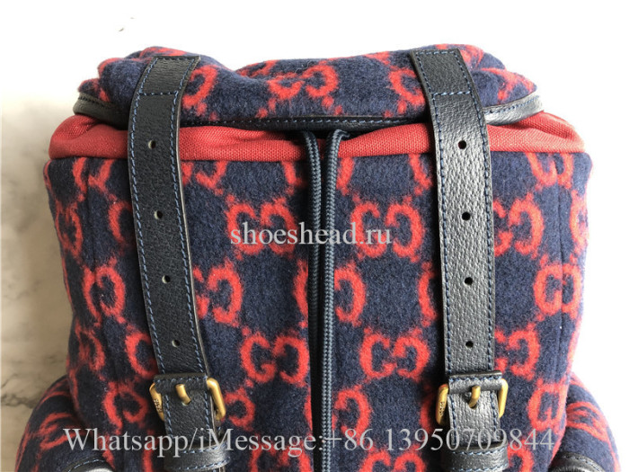 Original Gucci Monogram Print Backpack Red Navy Tones Leather Wool
