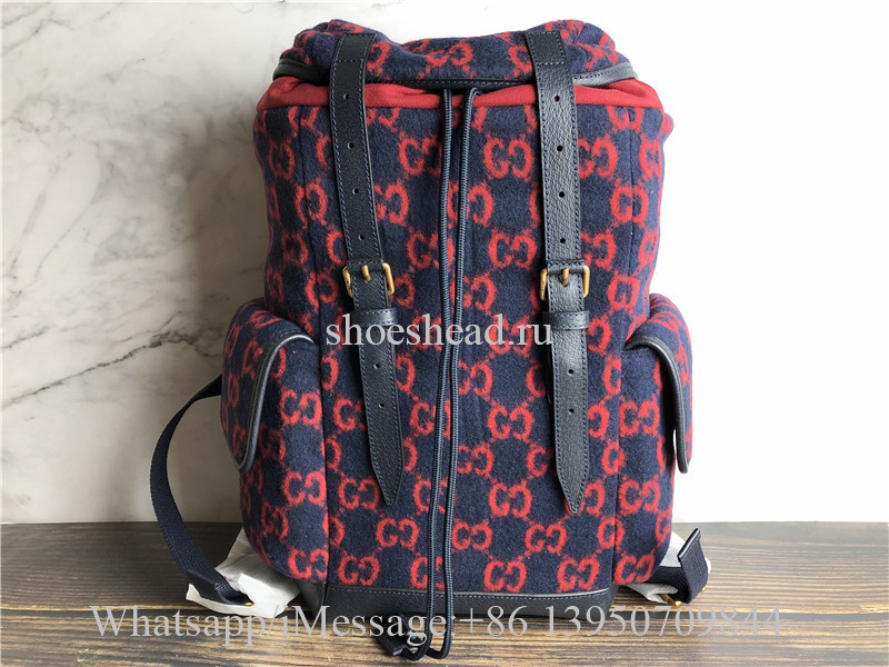 Original Gucci Monogram Print Backpack Red Navy Tones Leather Wool
