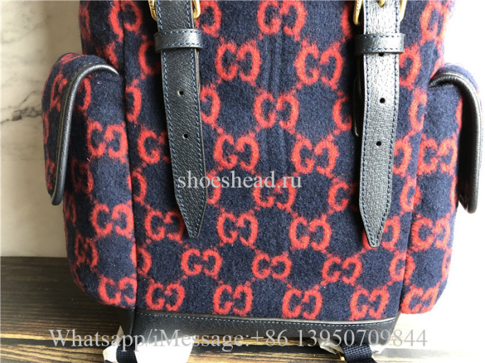 Original Gucci Monogram Print Backpack Red Navy Tones Leather Wool