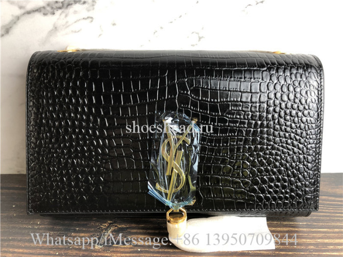Original Saint Laurent Kate YSL Monogram Croc-Embossed Leather Chain Wallet Bag