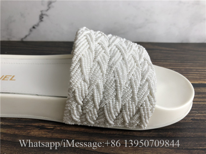 Chanel Tweed Pearls Flat Mule Slide Sandals