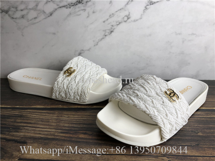 Chanel Tweed Pearls Flat Mule Slide Sandals