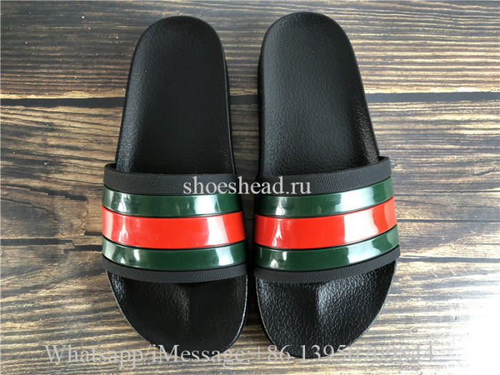 Gucci Web Rubber Slide Sandal With Black Rubber