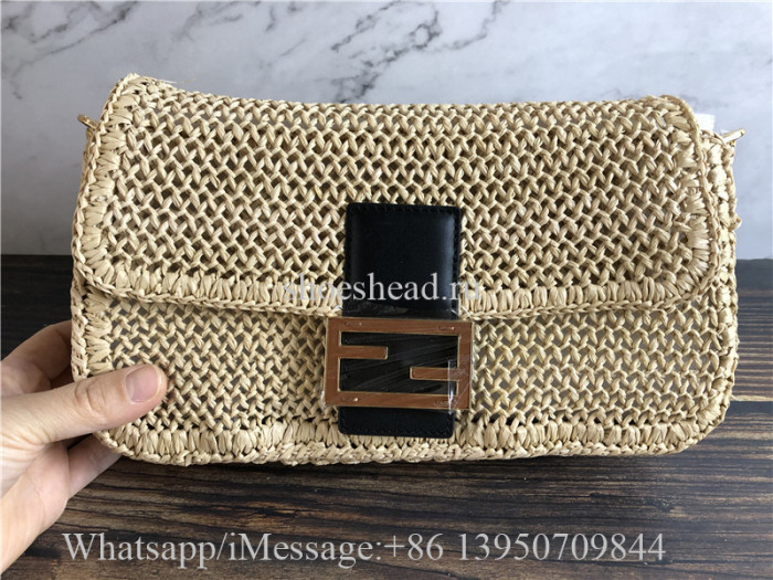 Original Fendi Iconic Large Baguette Bag Beige Woven Straw FF Clasp