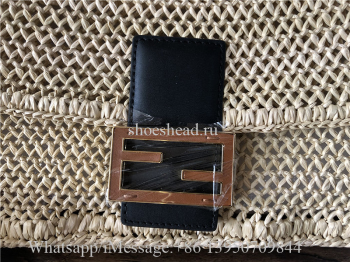 Original Fendi Iconic Large Baguette Bag Beige Woven Straw FF Clasp