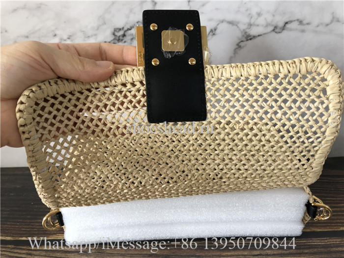 Original Fendi Iconic Large Baguette Bag Beige Woven Straw FF Clasp