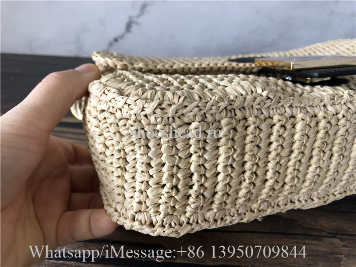 Original Fendi Iconic Large Baguette Bag Beige Woven Straw FF Clasp