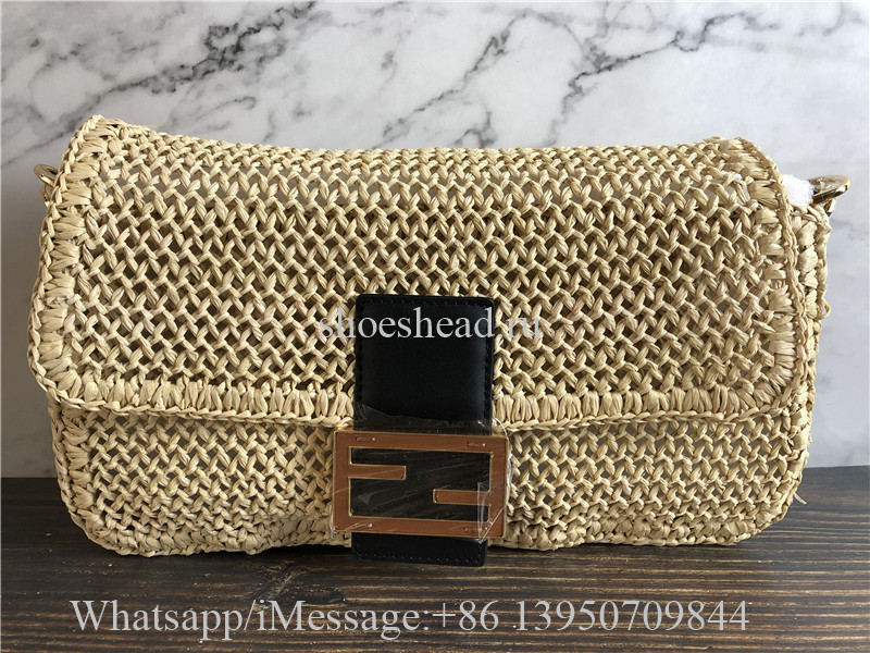 Original Fendi Iconic Large Baguette Bag Beige Woven Straw FF Clasp