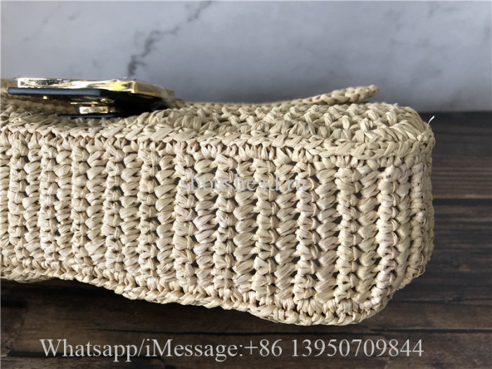 Original Fendi Iconic Large Baguette Bag Beige Woven Straw FF Clasp