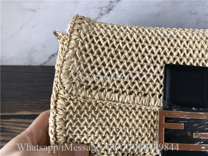 Original Fendi Iconic Large Baguette Bag Beige Woven Straw FF Clasp