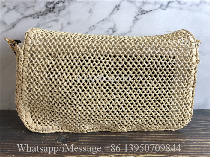 Original Fendi Iconic Large Baguette Bag Beige Woven Straw FF Clasp