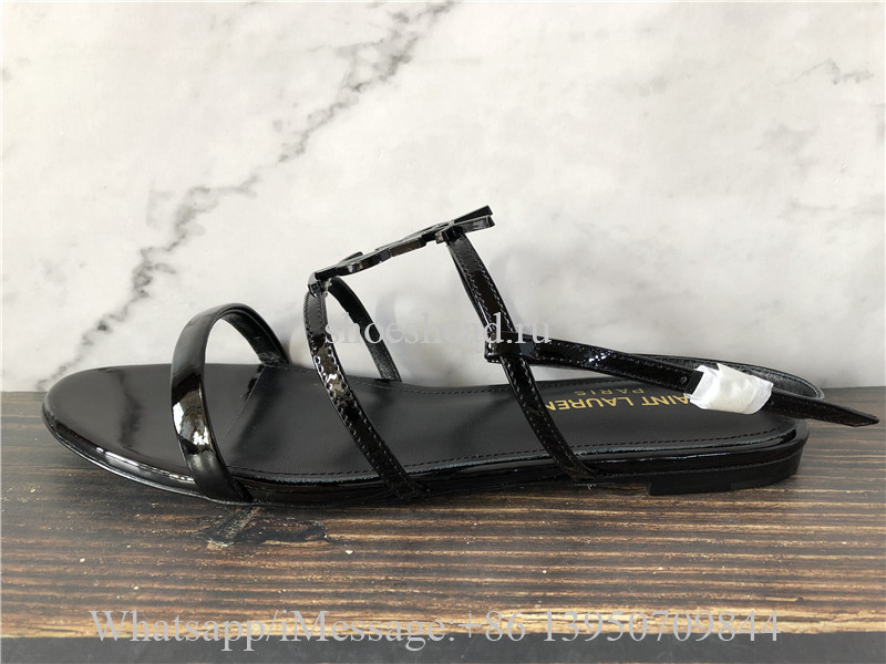 Saint Laurent Cassandre YSL Logo Flat Patent Sandals Black