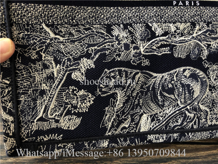 Original Christian Dior Toile De Jouy Reverse Embroidery Navy Blue Tote Bag