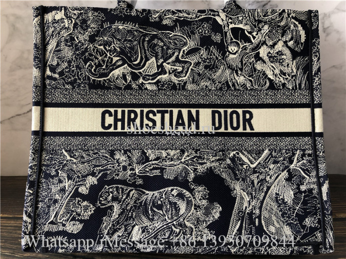 Original Christian Dior Toile De Jouy Reverse Embroidery Navy Blue Tote Bag