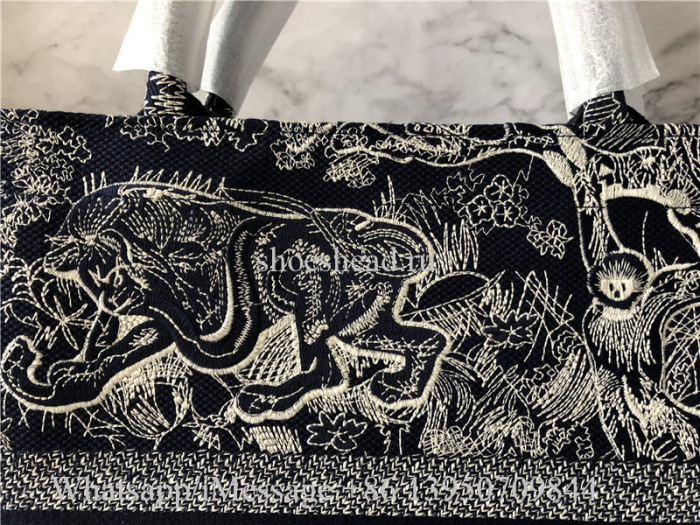 Original Christian Dior Toile De Jouy Reverse Embroidery Navy Blue Tote Bag