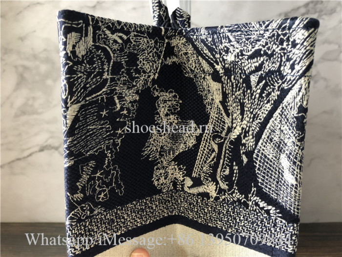 Original Christian Dior Toile De Jouy Reverse Embroidery Navy Blue Tote Bag