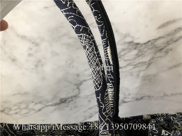 Original Christian Dior Toile De Jouy Reverse Embroidery Navy Blue Tote Bag
