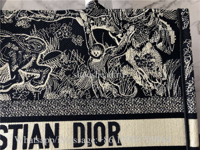 Original Christian Dior Toile De Jouy Reverse Embroidery Navy Blue Tote Bag