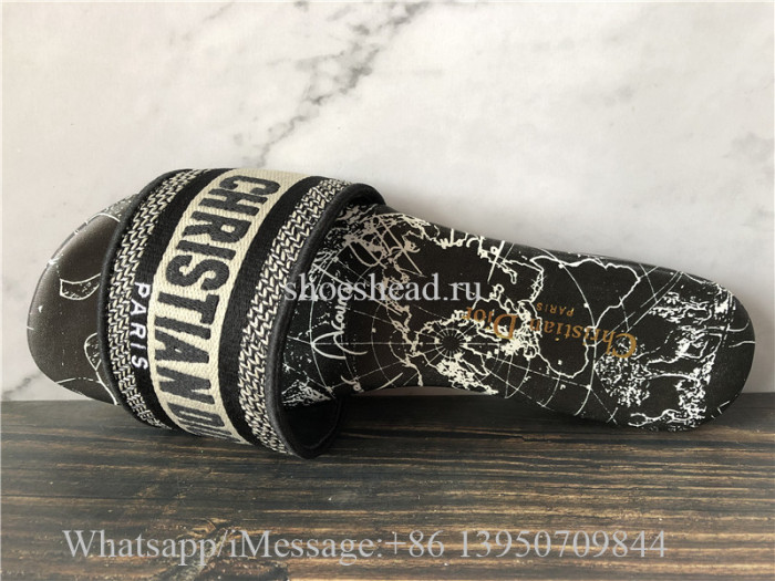 Black Dior Around The World Embroidered Cotton Dway Slide