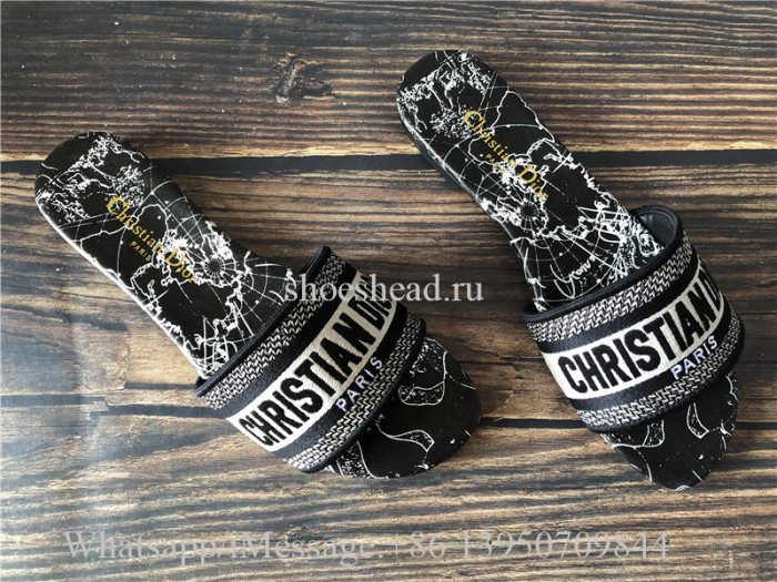 Black Dior Around The World Embroidered Cotton Dway Slide