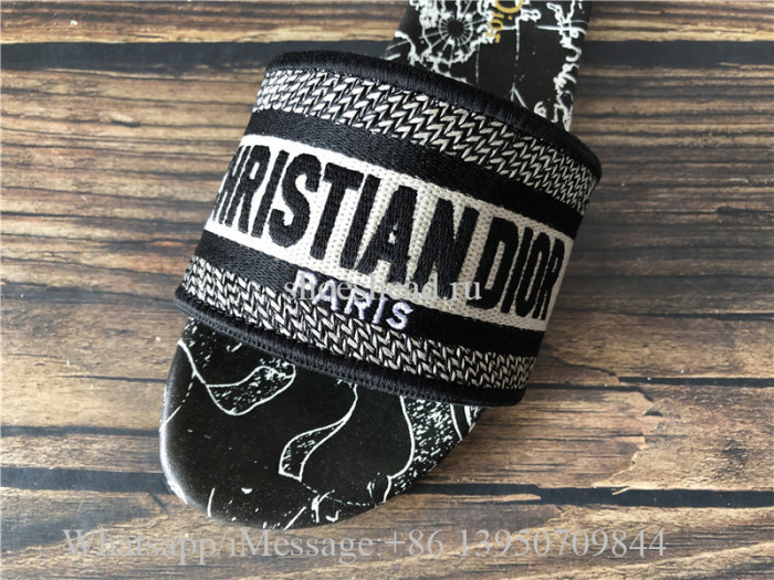 Black Dior Around The World Embroidered Cotton Dway Slide